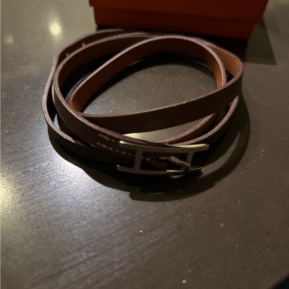 Hermes Men’s Brown Leather Belt Behalpi Bracelet with Silver Buckle - Picture 6 of 11